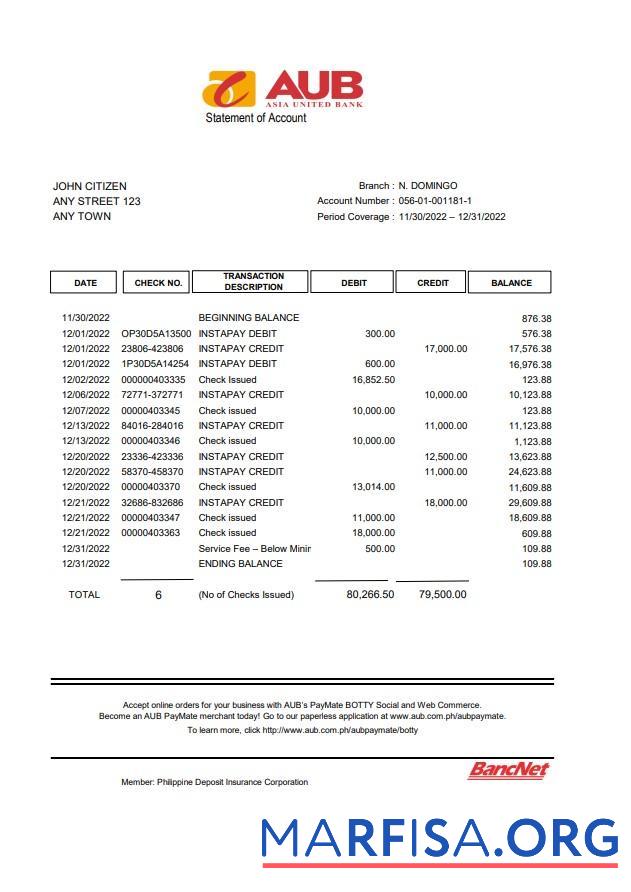 Blank Philippines AUB bank statement excel template